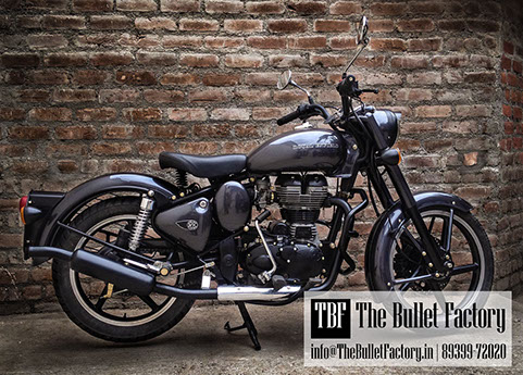 Royal Enfield refurbished in dark grey glossy paint with matte black trim